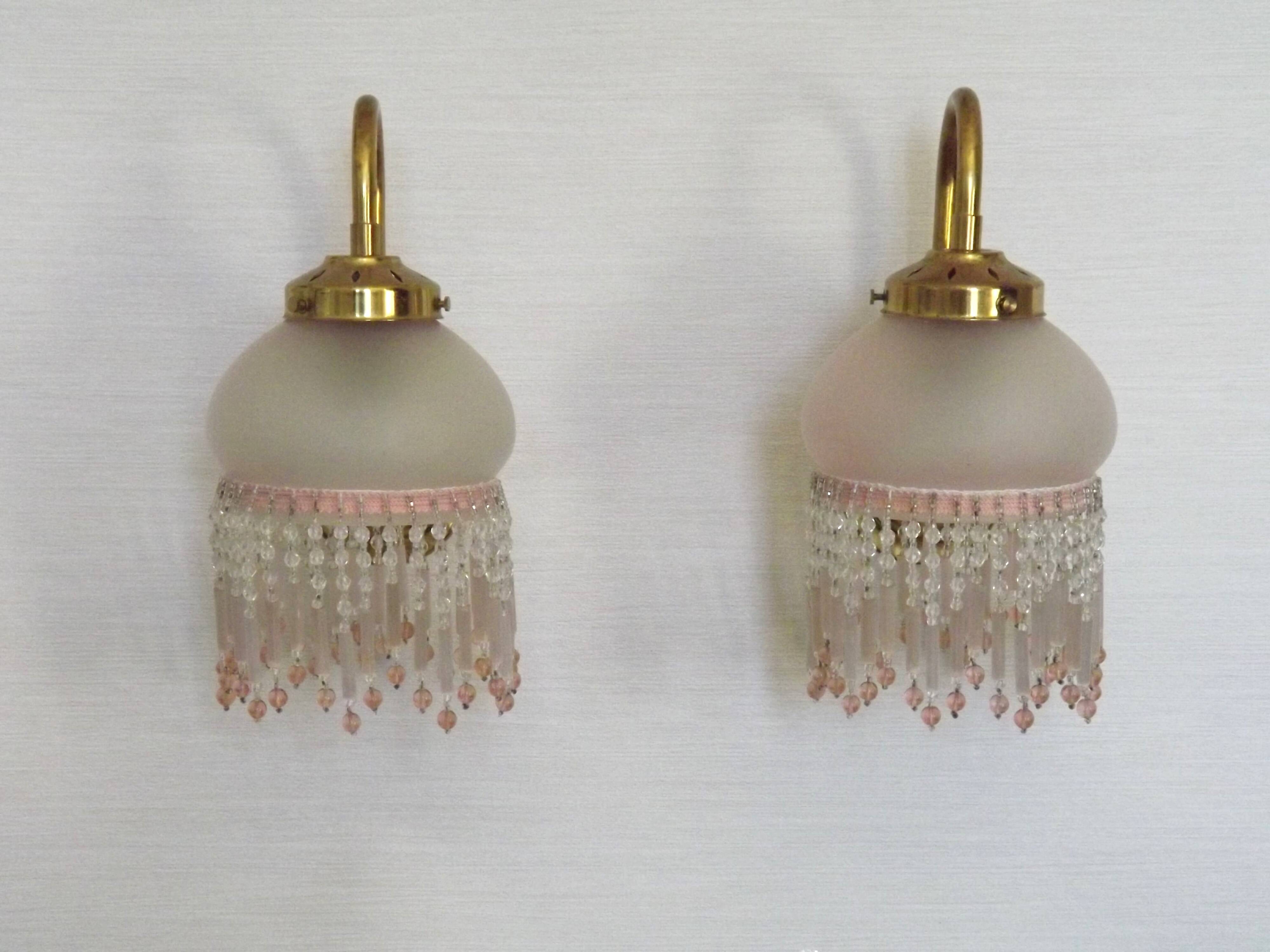 Pair of French Vintage Gold Wall Lights Pink Glass Beaded Fringe Shades
