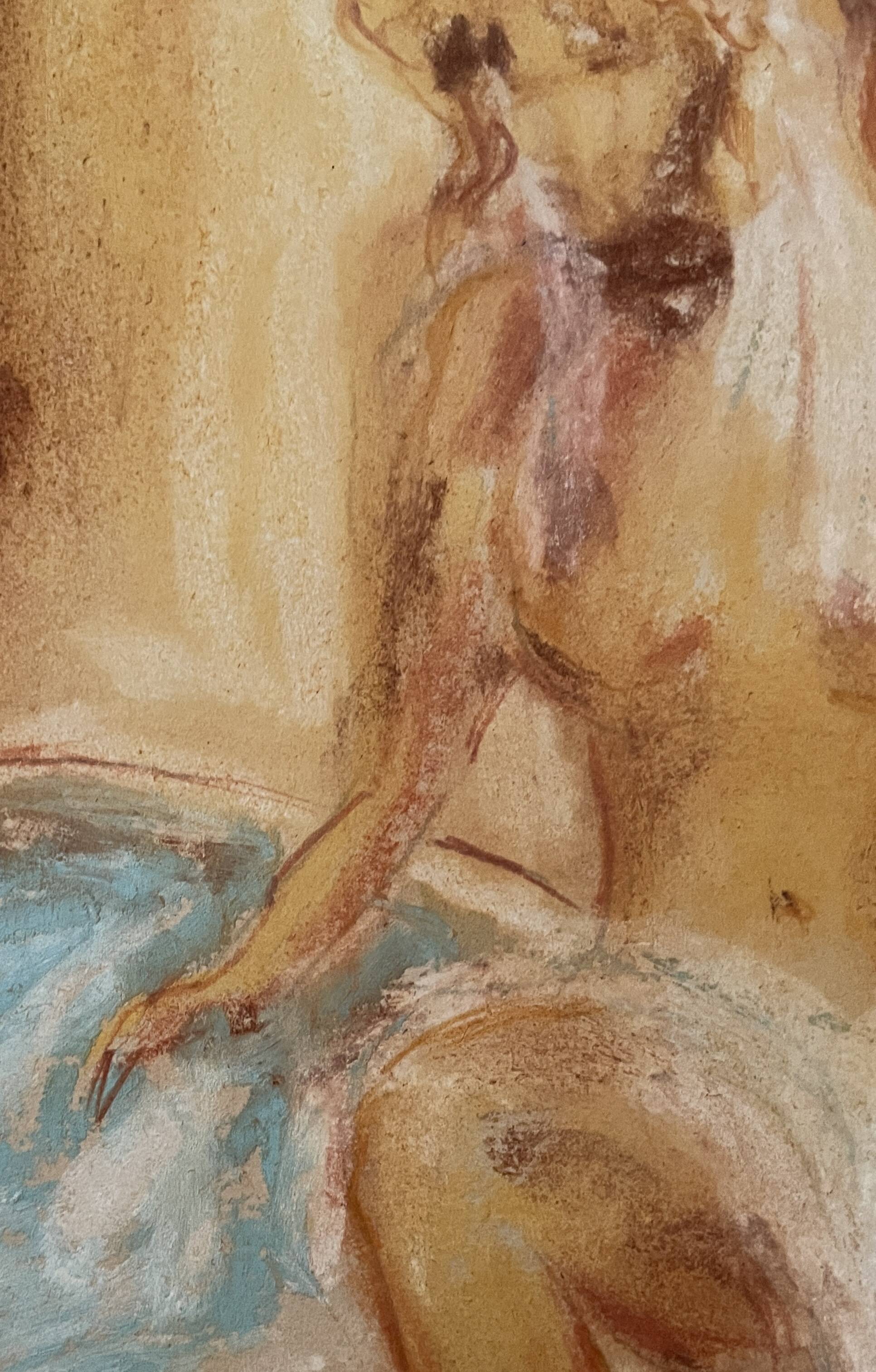 Signed pastel painting "The Bath" featuring a female portrait.