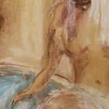 Tableau signé pastel  portrait féminin « le bain »