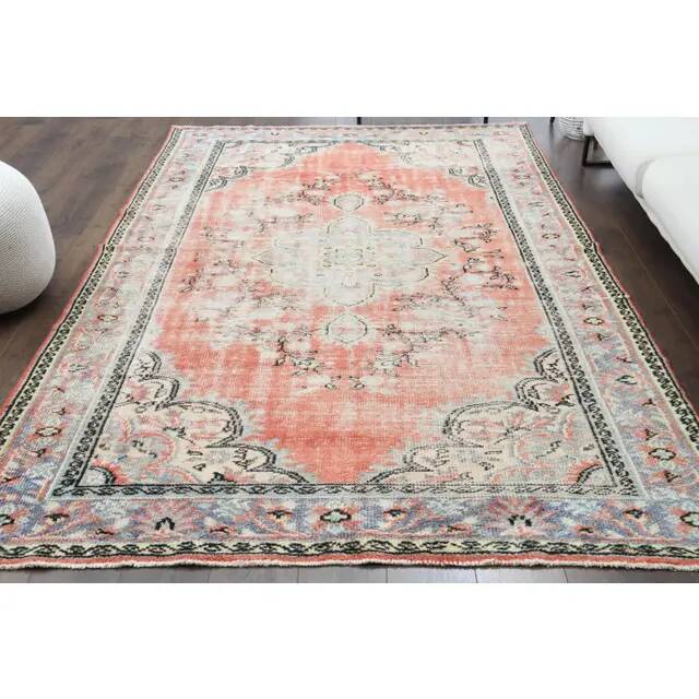 1970s Vintage Turkish Oushak Handmade Wool Cotton Red Area Rug 190x310