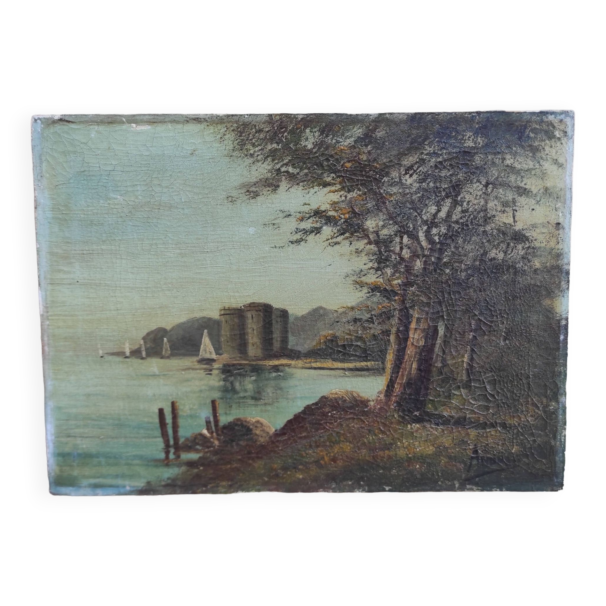 French vintage oil painting, signed Andreu. Chateau de St. Honorat