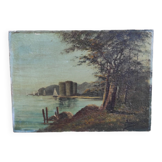 Peinture à l'huile vintage française, signée Andreu. Château de Saint-Honorat