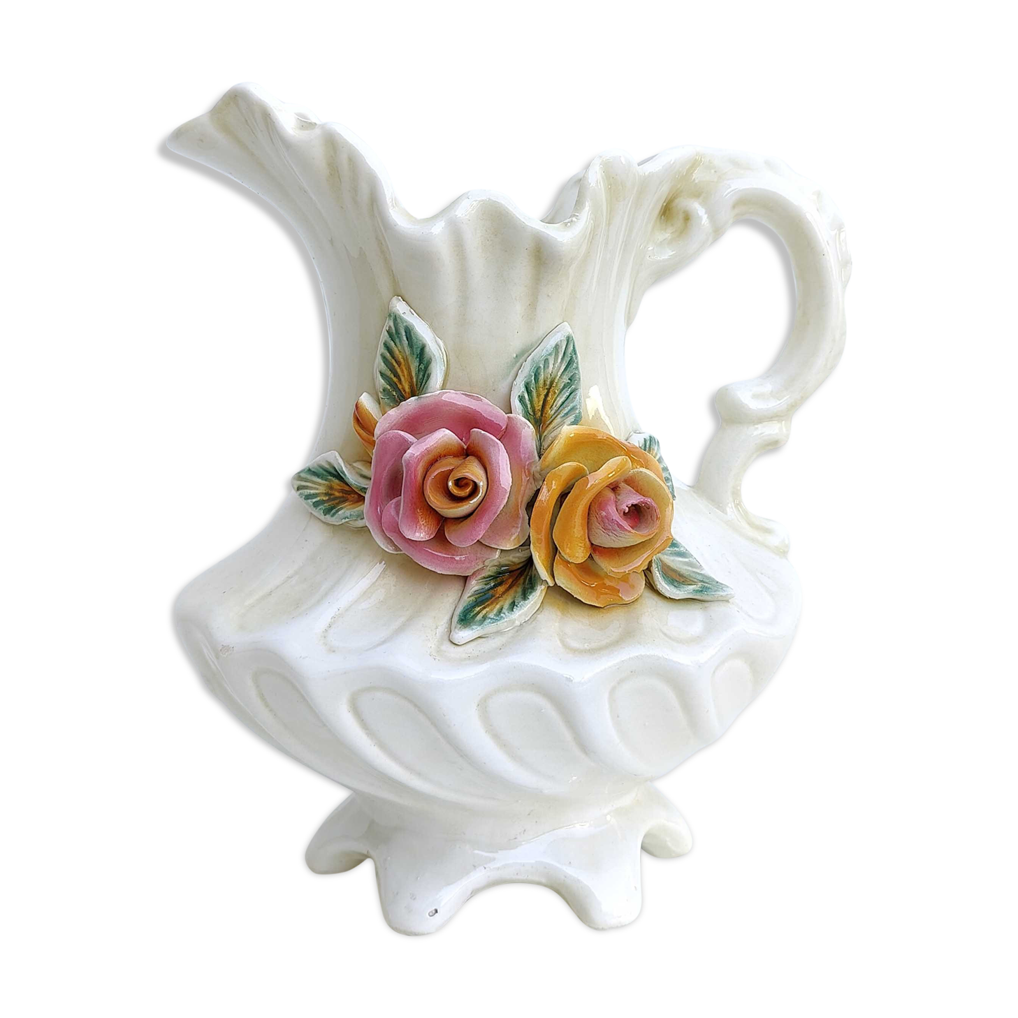 Vase italien céramique décor fleurs forme de cruche