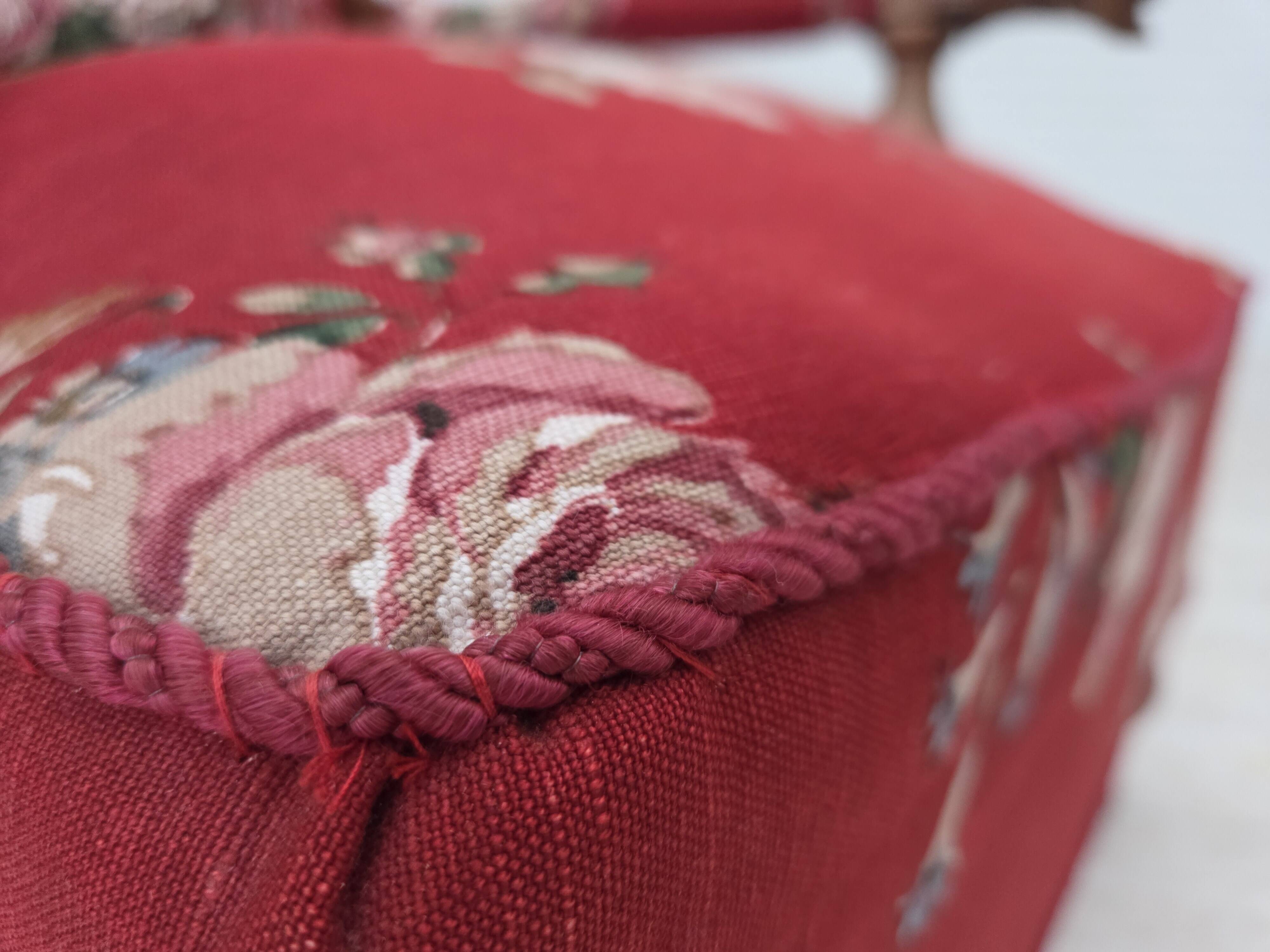 1920-30s, Danish armchair, furniture cotton fabric, hand carved oak wood.