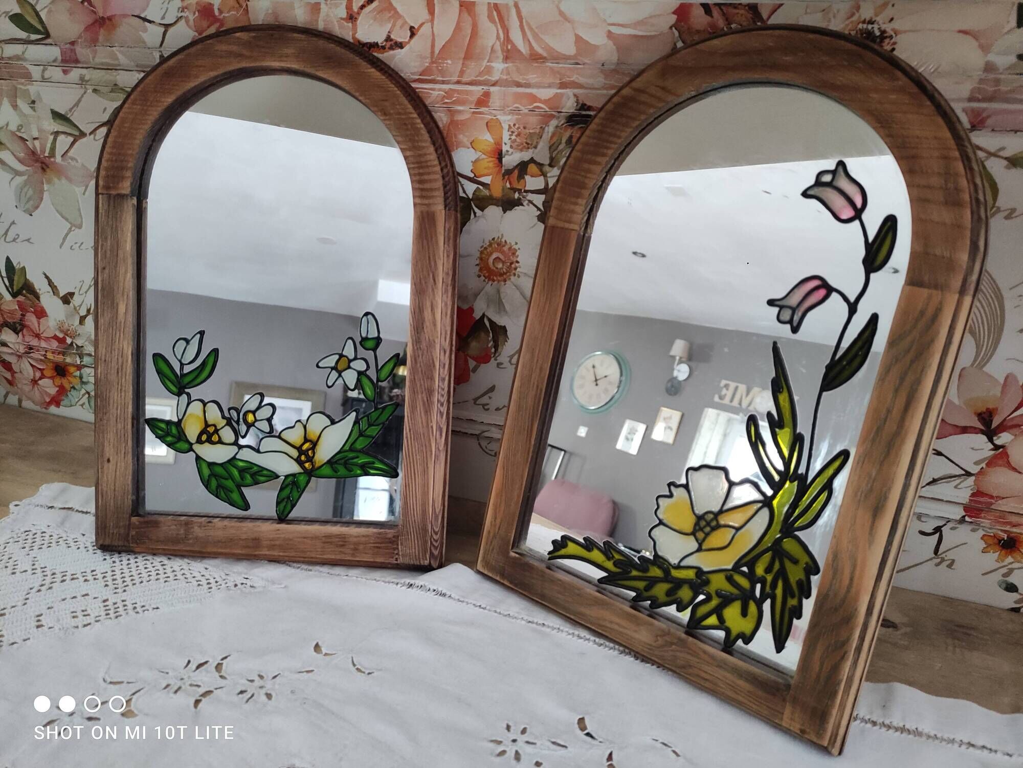 Set of 2 vintage mirrors in light brown wood Art Nouveau style