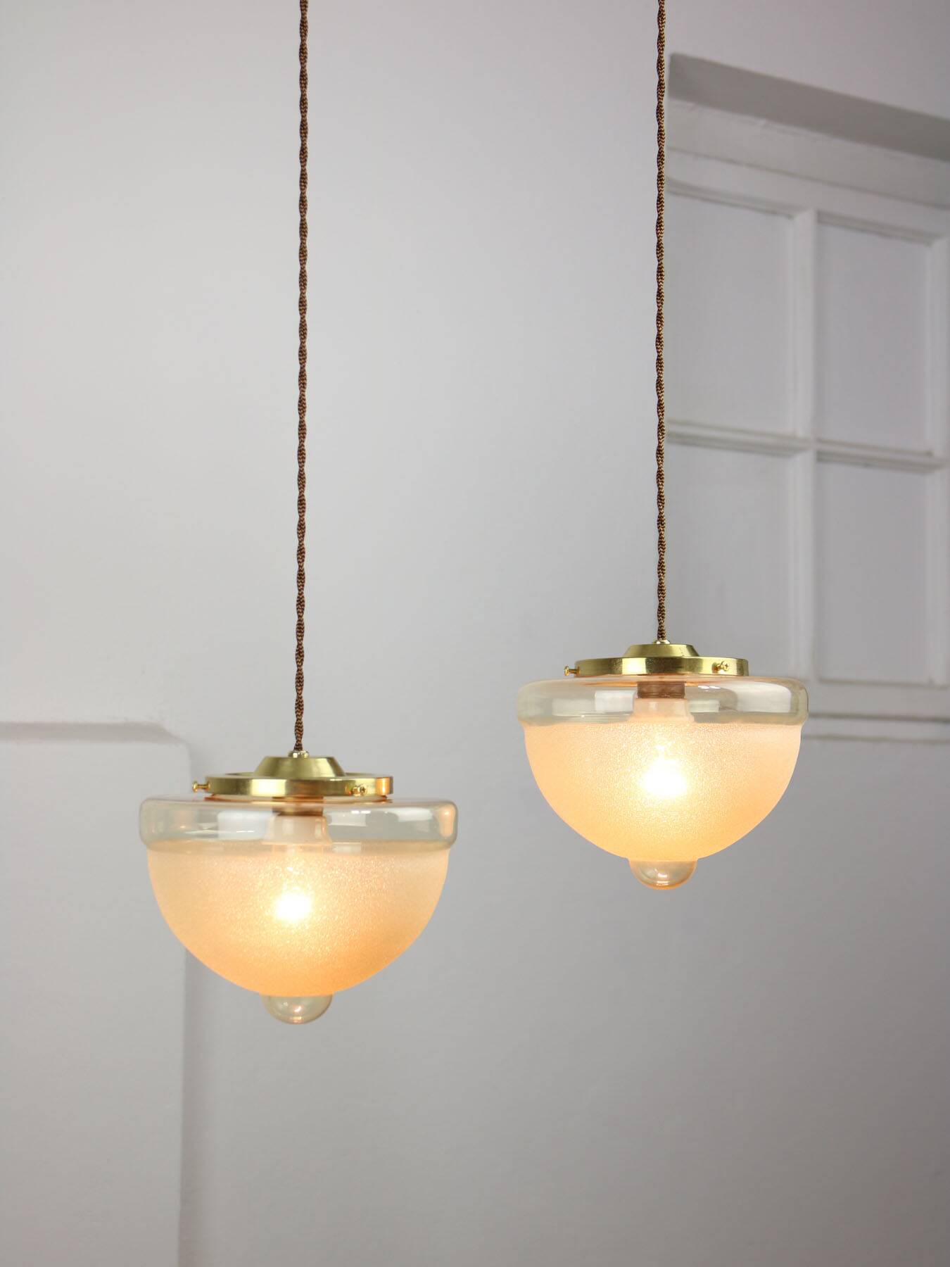 Mid-century Italian Brass and Glass Pendant Lamps, set of 2