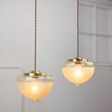Mid-century Italian Brass and Glass Pendant Lamps, set of 2