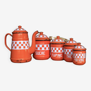 Orange enameled pots and teapot