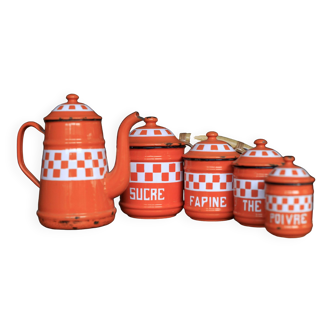 Orange enameled pots and teapot