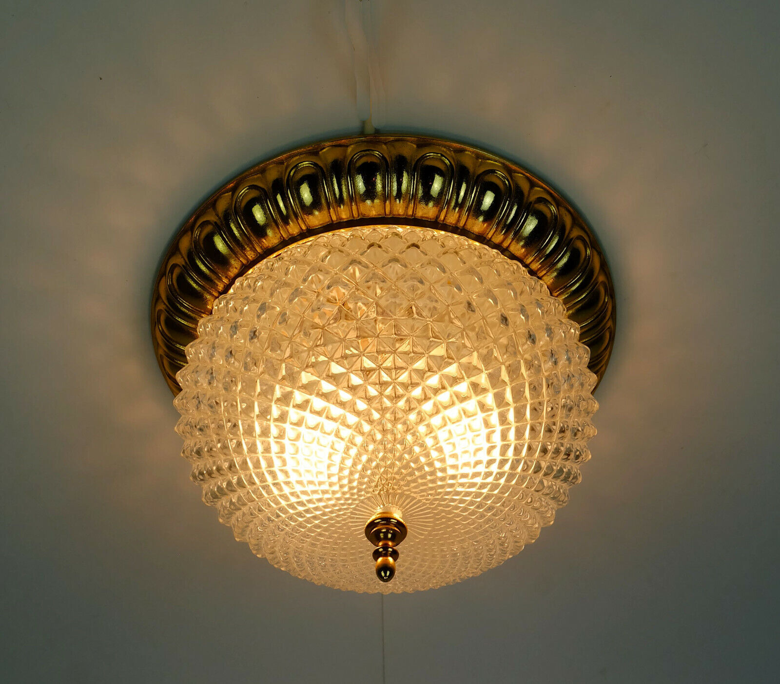 Vintage soelken ceiling lamp textured glass and gilt aluminum 1970s - 2 available