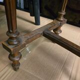 Antique wooden work table, inlaid top and interior mirror.