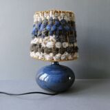 Blue stoneware lamp with wool lampshade, 70s-80s
