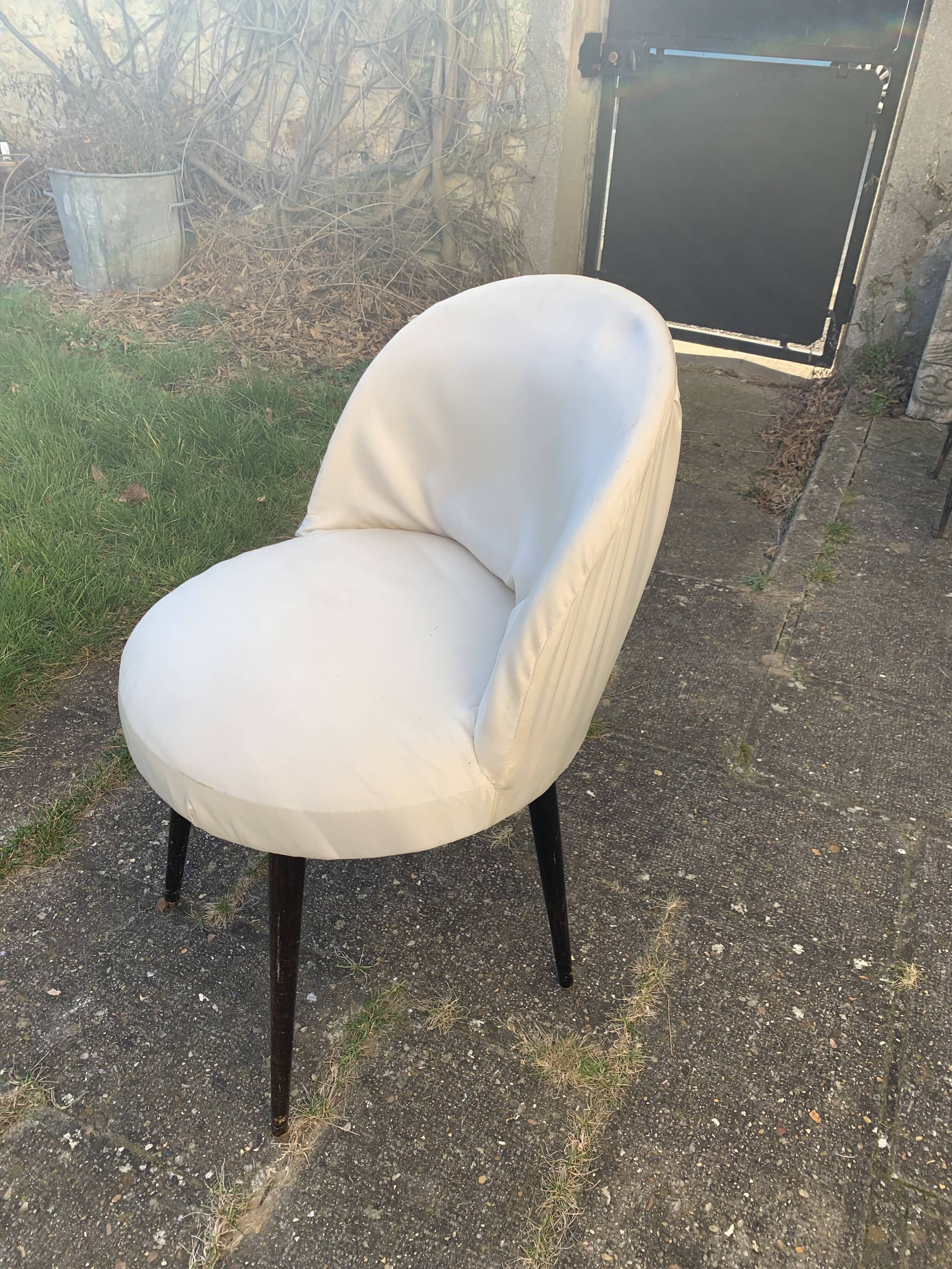 Vintage 1950s white satin armchair with compass legs