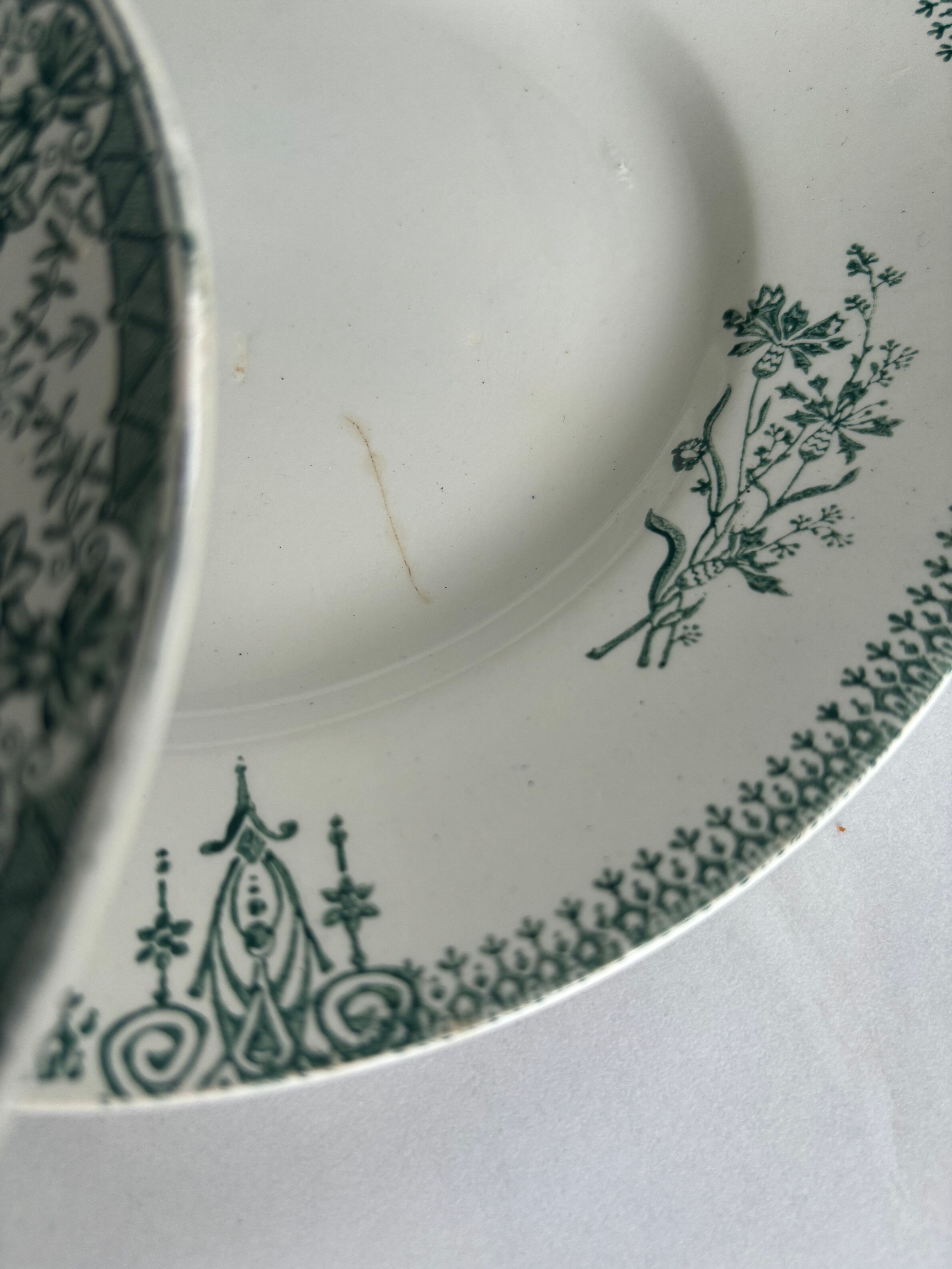 Lot 6 blue and green ironstone plates, antique French earthenware.