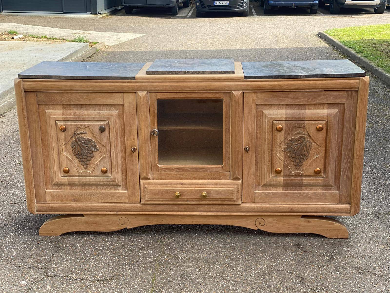 Renovated art deco sideboard in solid raw oak and gray marble 186cm