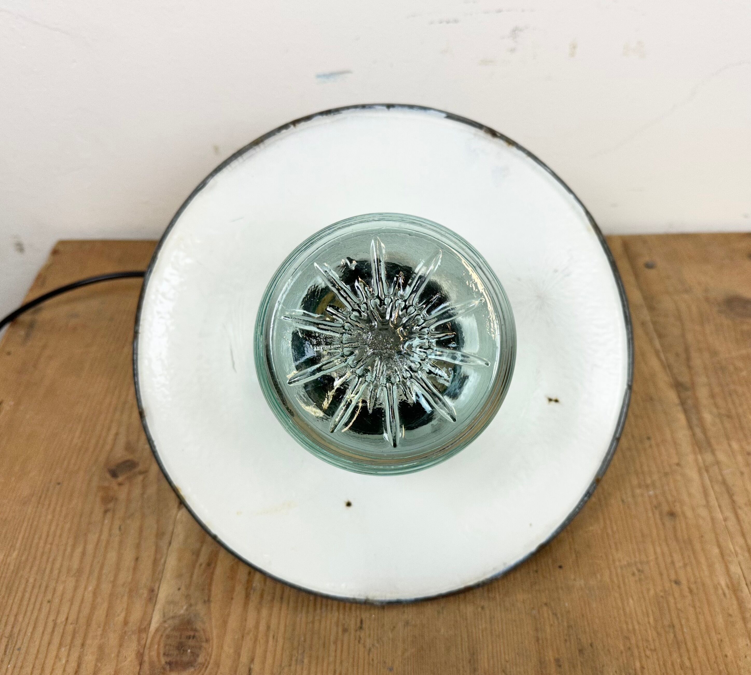 Industrial bakelite green enamel pendant light with ribbed glass, 1970s