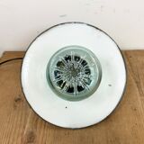 Industrial bakelite green enamel pendant light with ribbed glass, 1970s