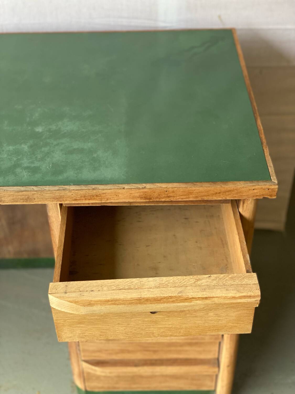 Vintage green Formica desk renovated in raw wood