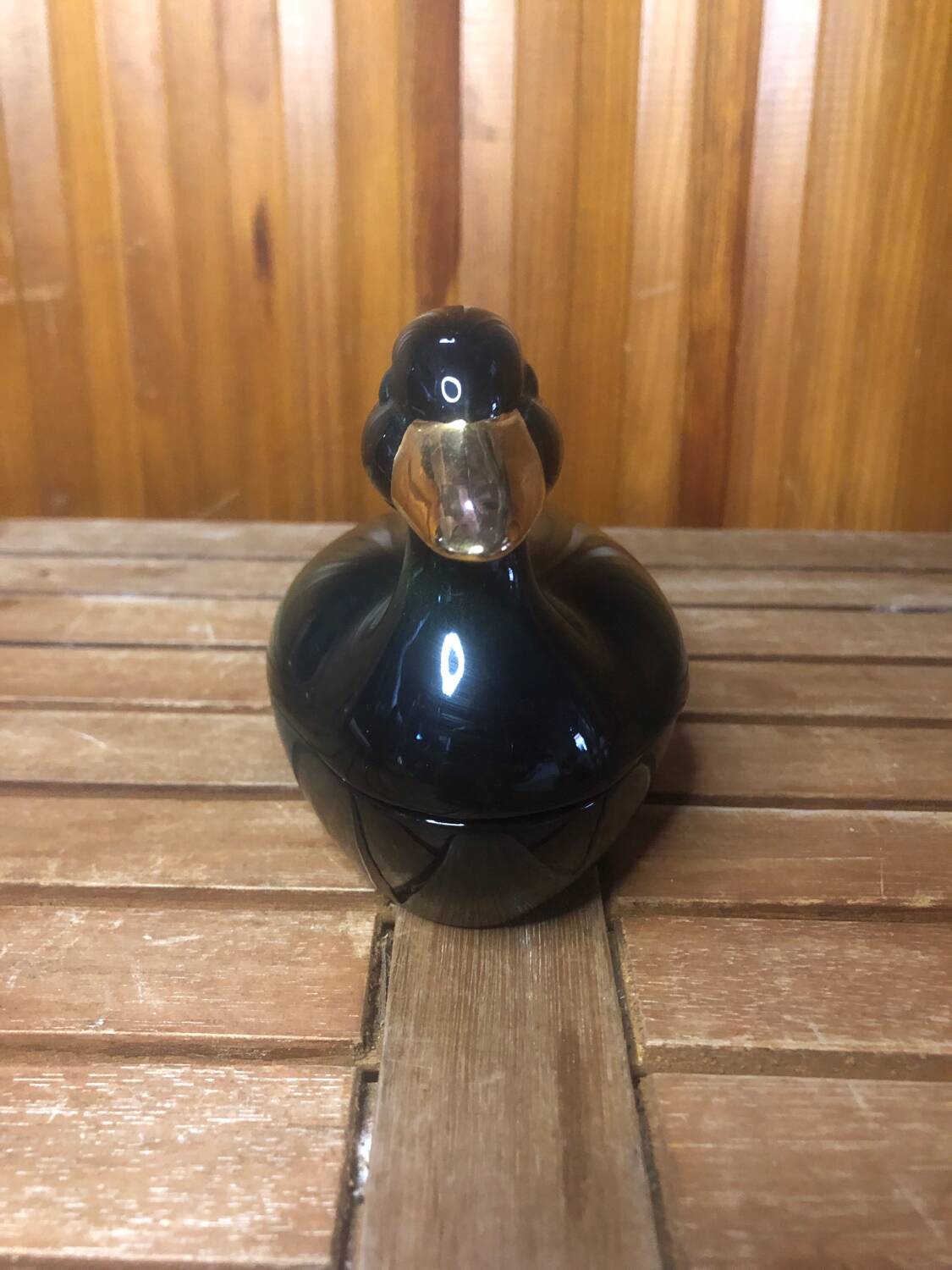 Old michel caugant terrine duck shape ceramic green golden vintage #a409