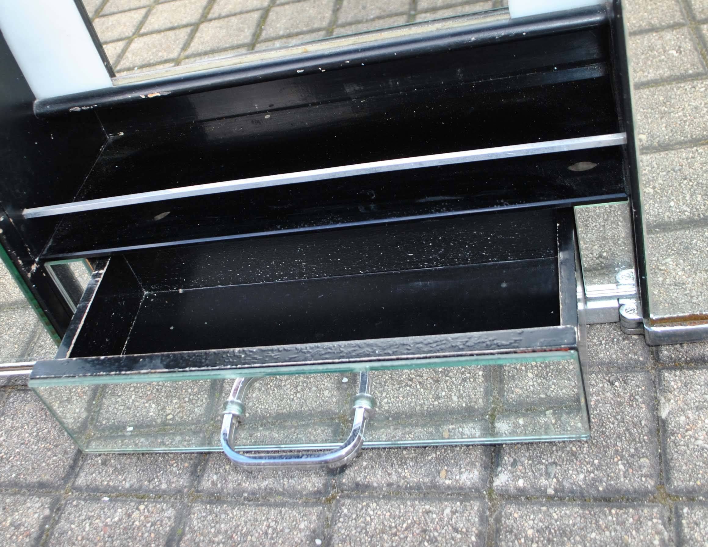 Vintage mirror cabinet in wood and chrome metal - backlit dressing table shelf 1950-1960