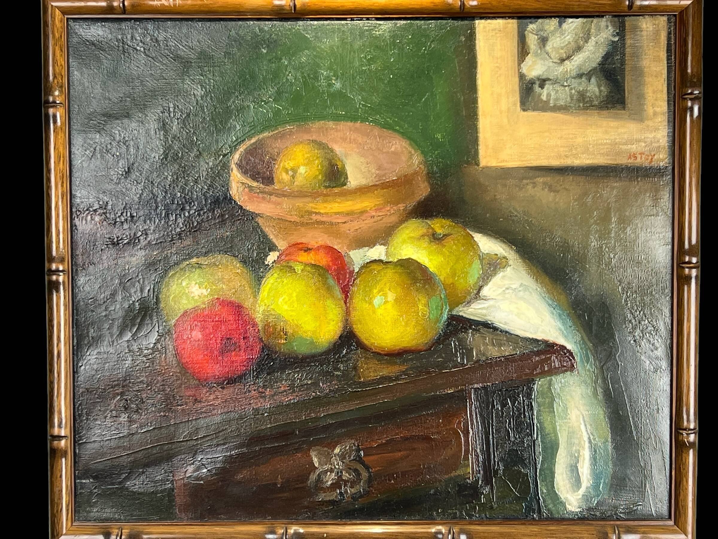 Painting, oil on canvas, still life with apples with bamboo frame