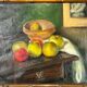 Painting, oil on canvas, still life with apples with bamboo frame