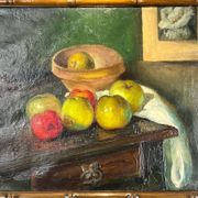 Painting, oil on canvas, still life with apples with bamboo frame
