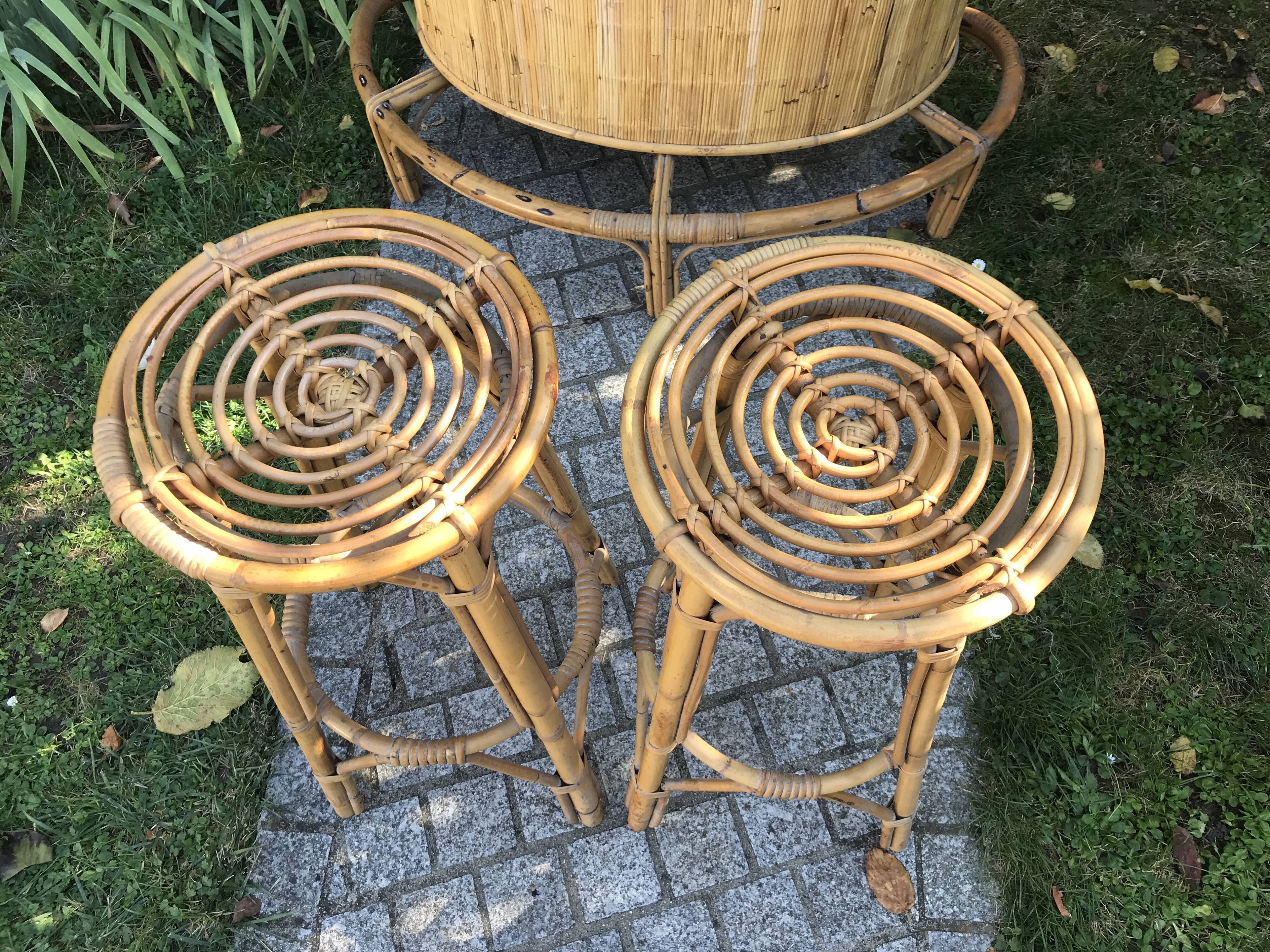 Rattan and bamboo bar & his 2 stools vintage 1950