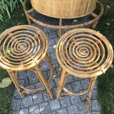 Rattan and bamboo bar & his 2 stools vintage 1950