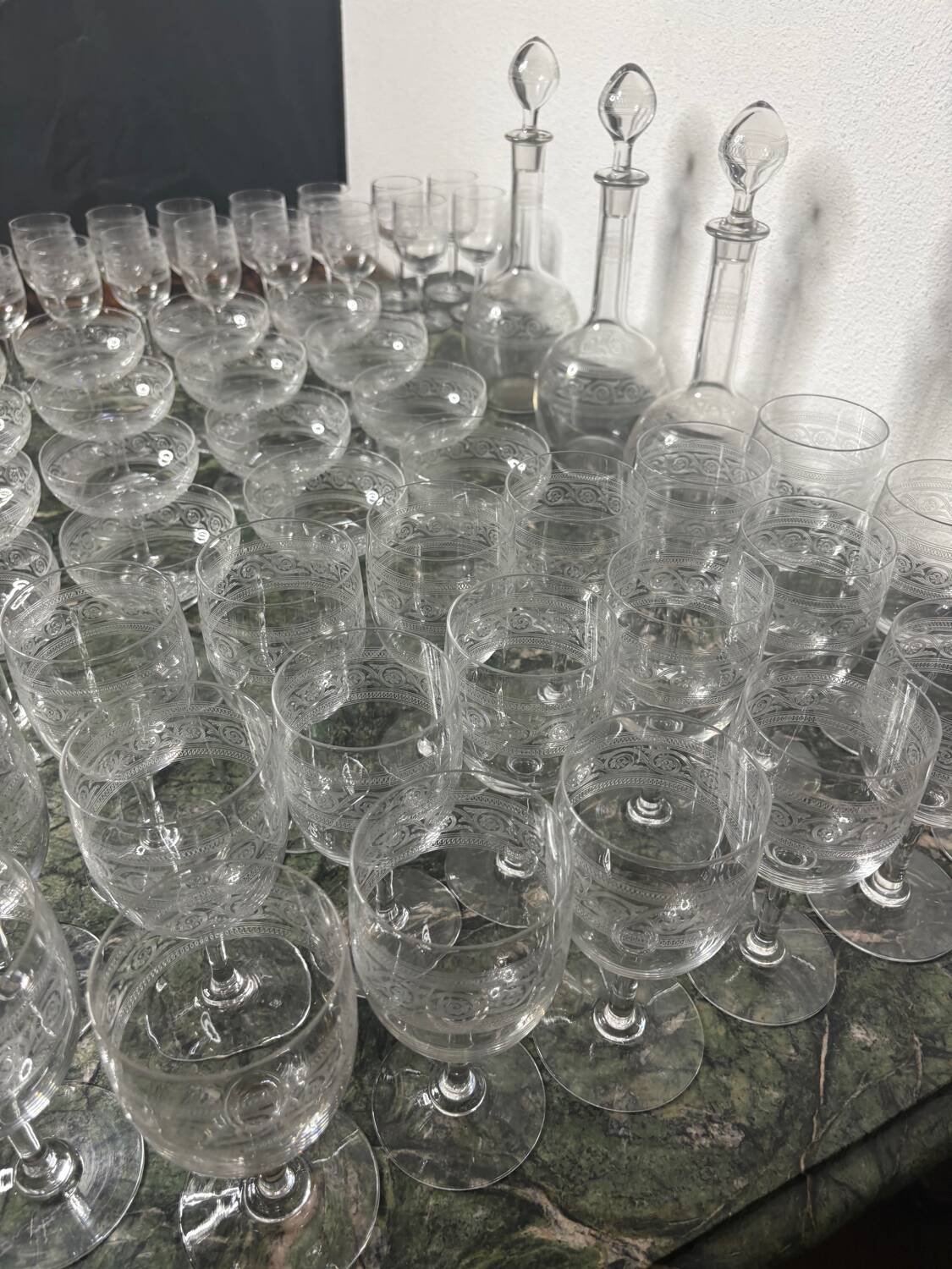 Baccarat crystal glassware and decanter set, Athenian engraving