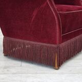 1970s, Danish armchair, cherry-red furniture velour, oak wood legs.