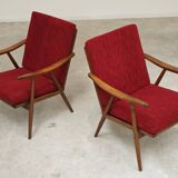 Pair of burgundy boomerang armchairs Antonin Suman Ton Bystrice (Thonet)