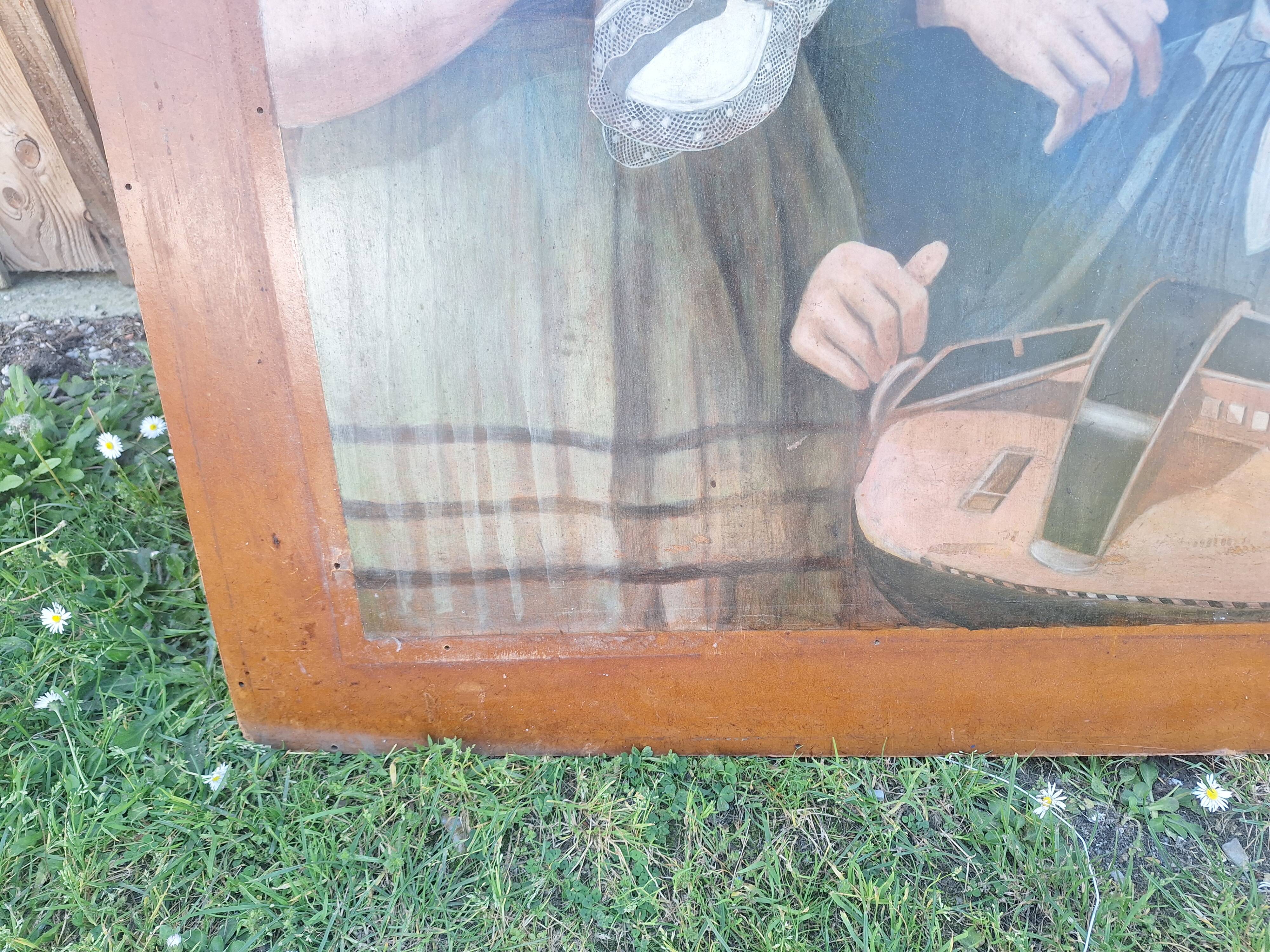 Very Large Oil on Panel Hurdy-Gurdy Player Corrèze Auvergne