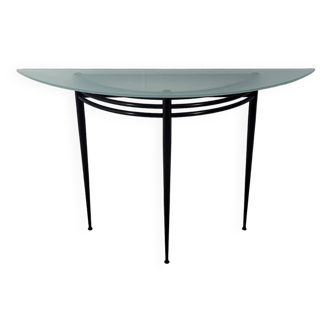 Console vintage "atlantique" en métal laqué noir et verre par Pascal Mourgue 1980