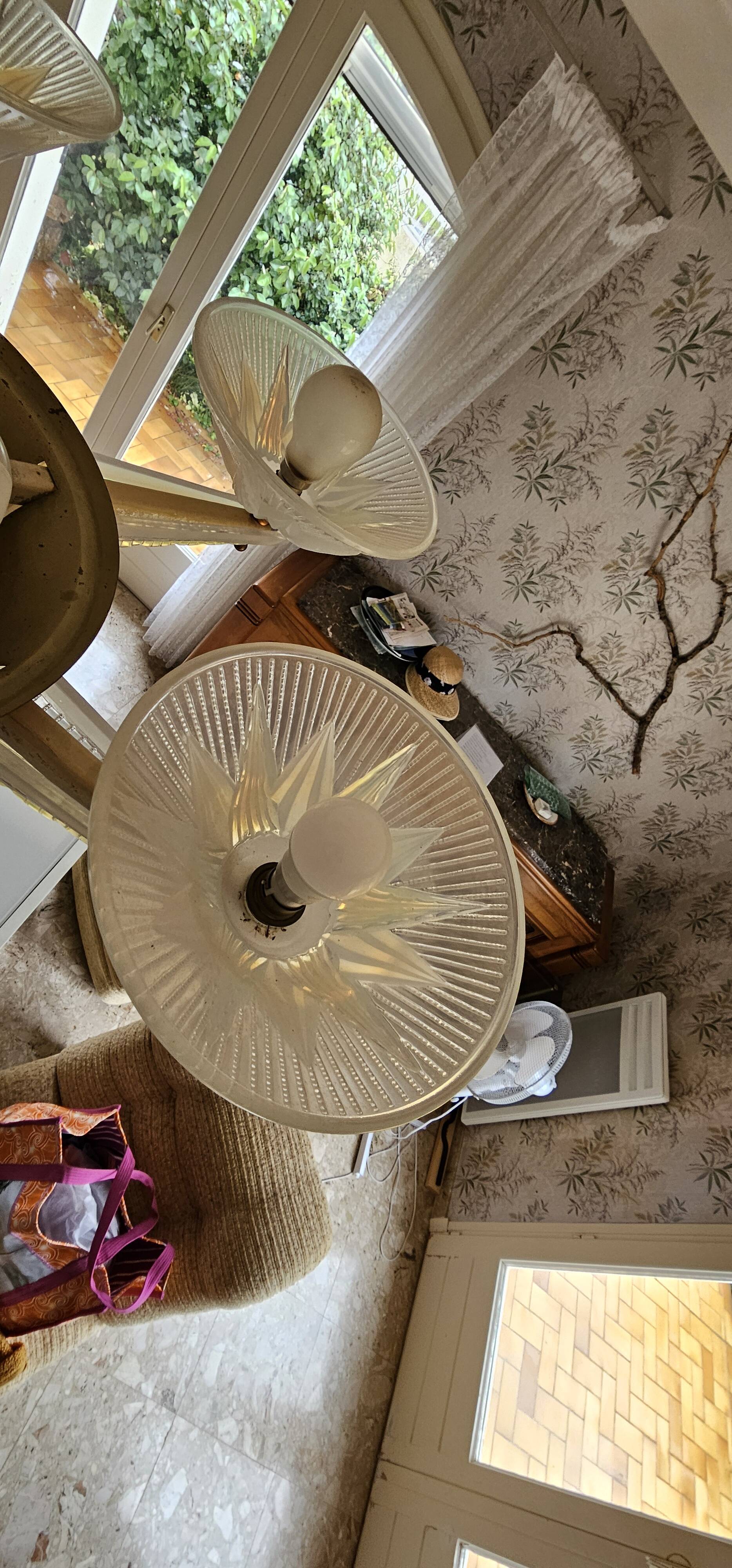 Art Deco chandelier by H.Petitot and Jean Gauthier in copper-plated metal and opal glass