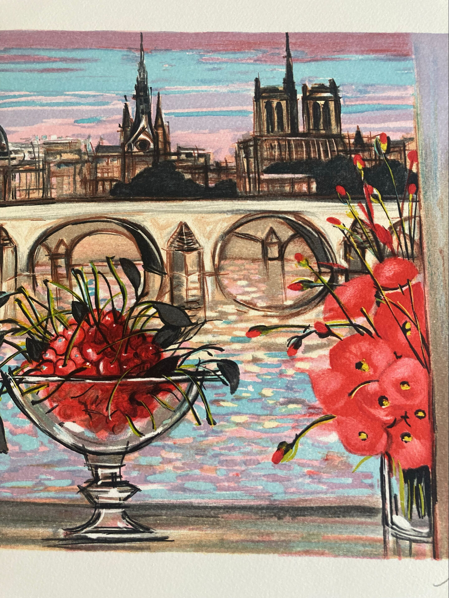 Lithograph signed by Michel Henry - The Institute and Notre Dame de Paris