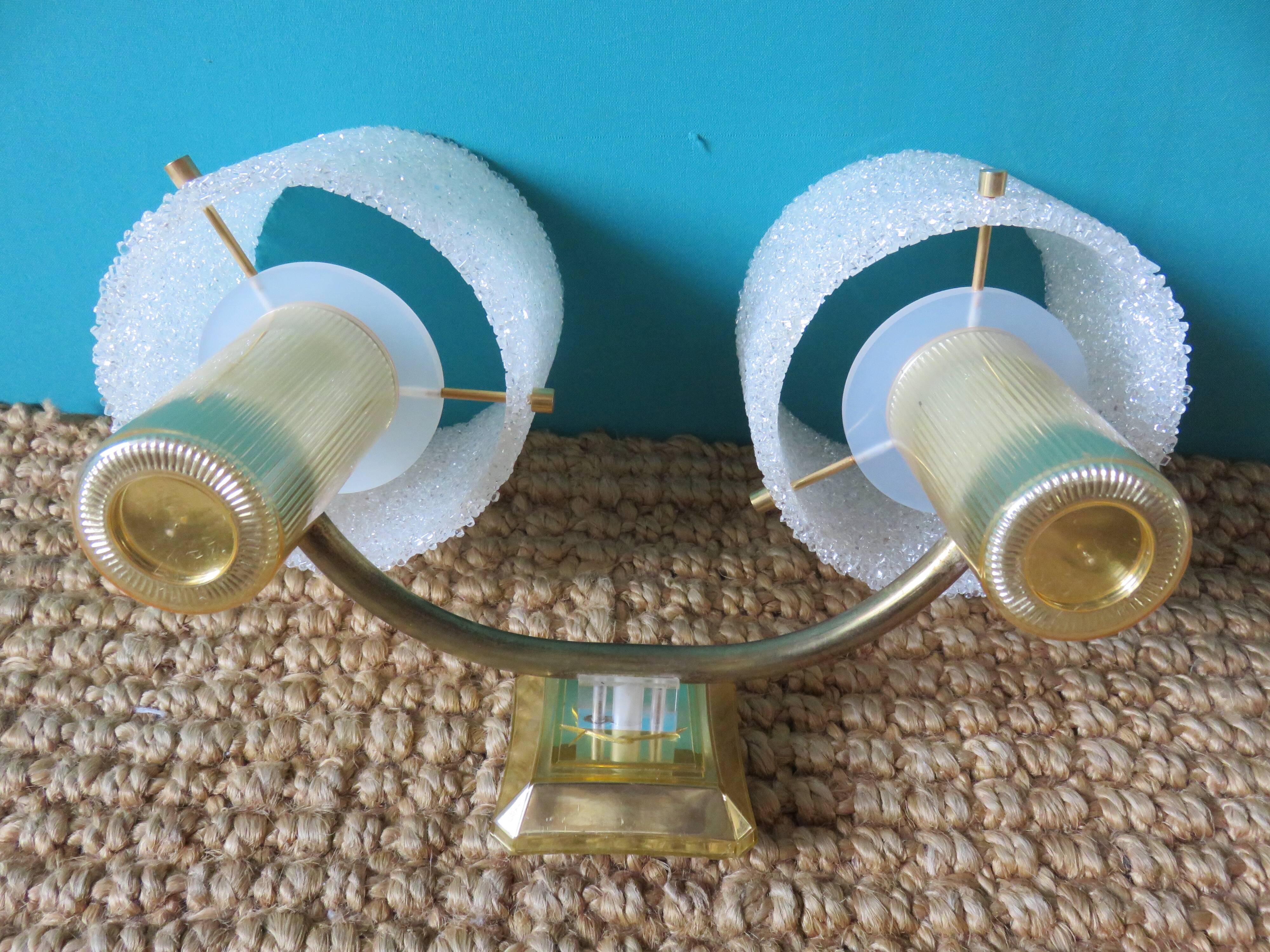 Pair of brass and gold plastic sconces with granite lampshades, France 1950