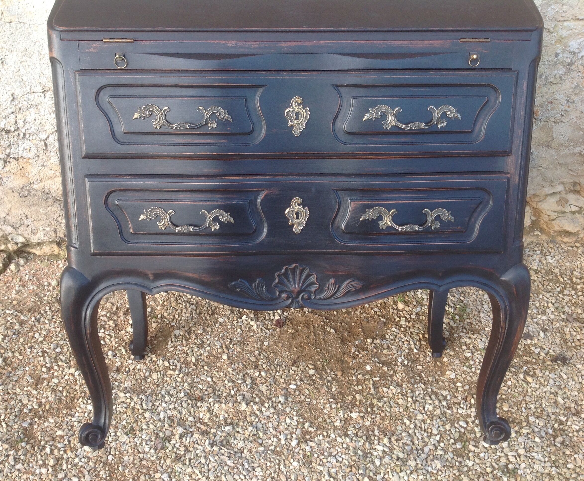 Louis XV style scriban bookcase in black and Basque red patinated cherry wood