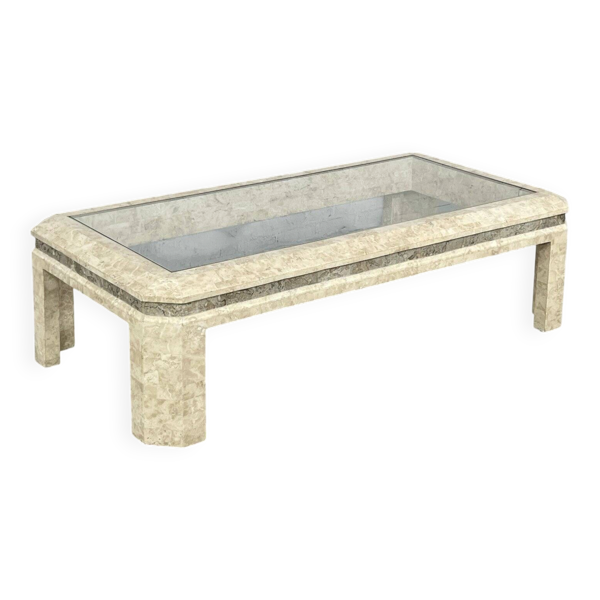 Table basse des années 80 en marqueterie de pierre et verre