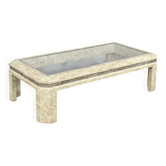 Table basse des années 80 en marqueterie de pierre et verre