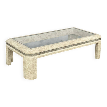 1980s coffee table in stone and glass marquetry