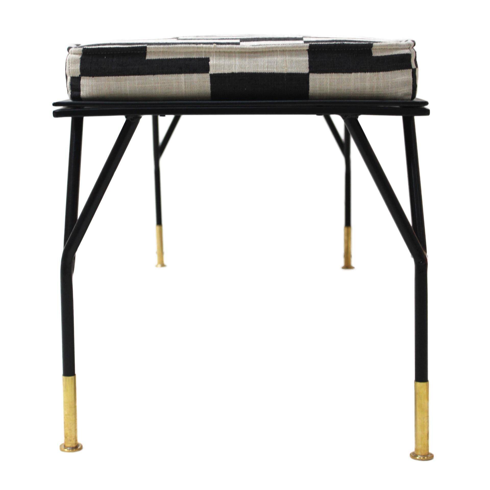 Modern Black Lacquered Iron and Patterned Fabric, 1970s Italian Stool