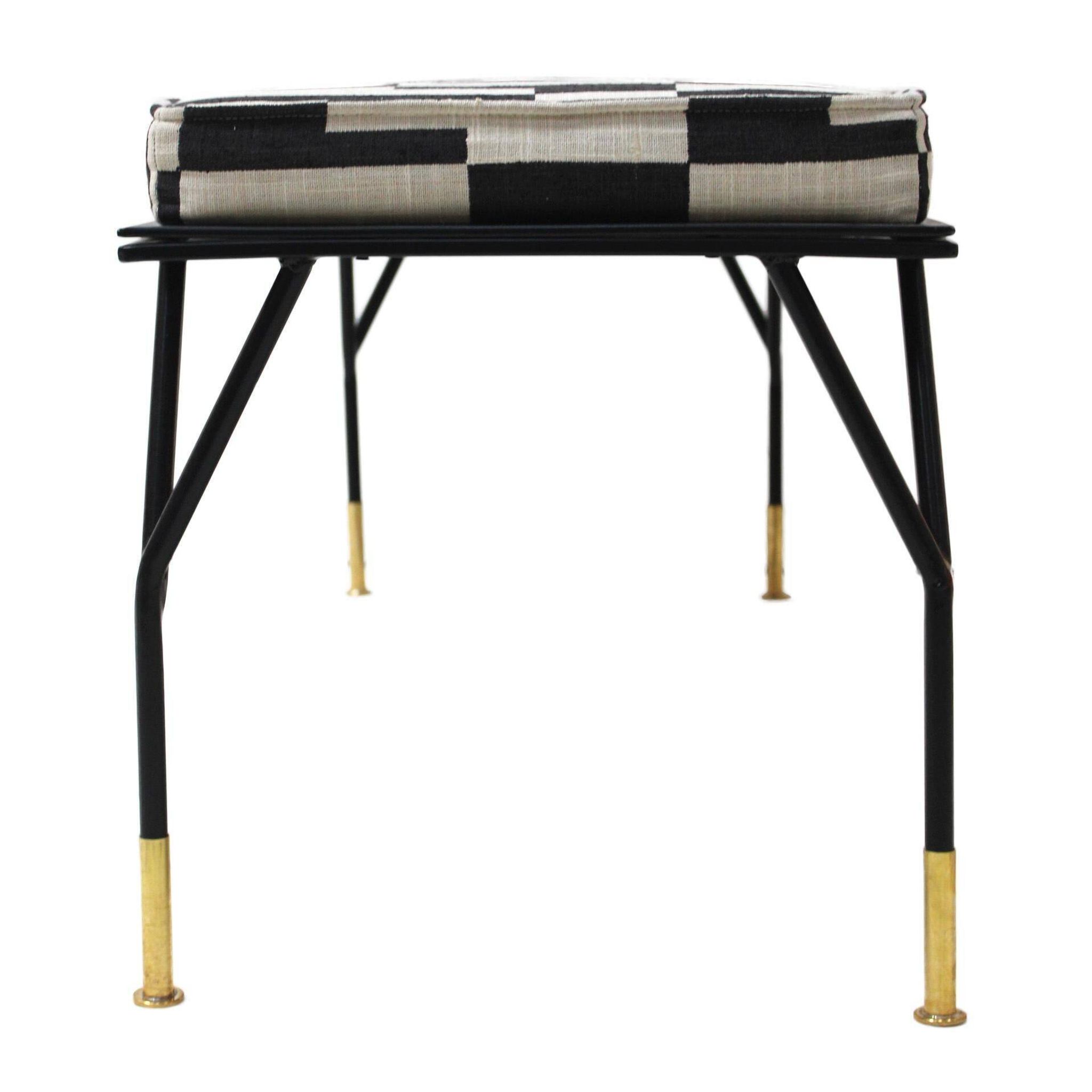 Modern Black Lacquered Iron and Patterned Fabric, 1970s Italian Stool