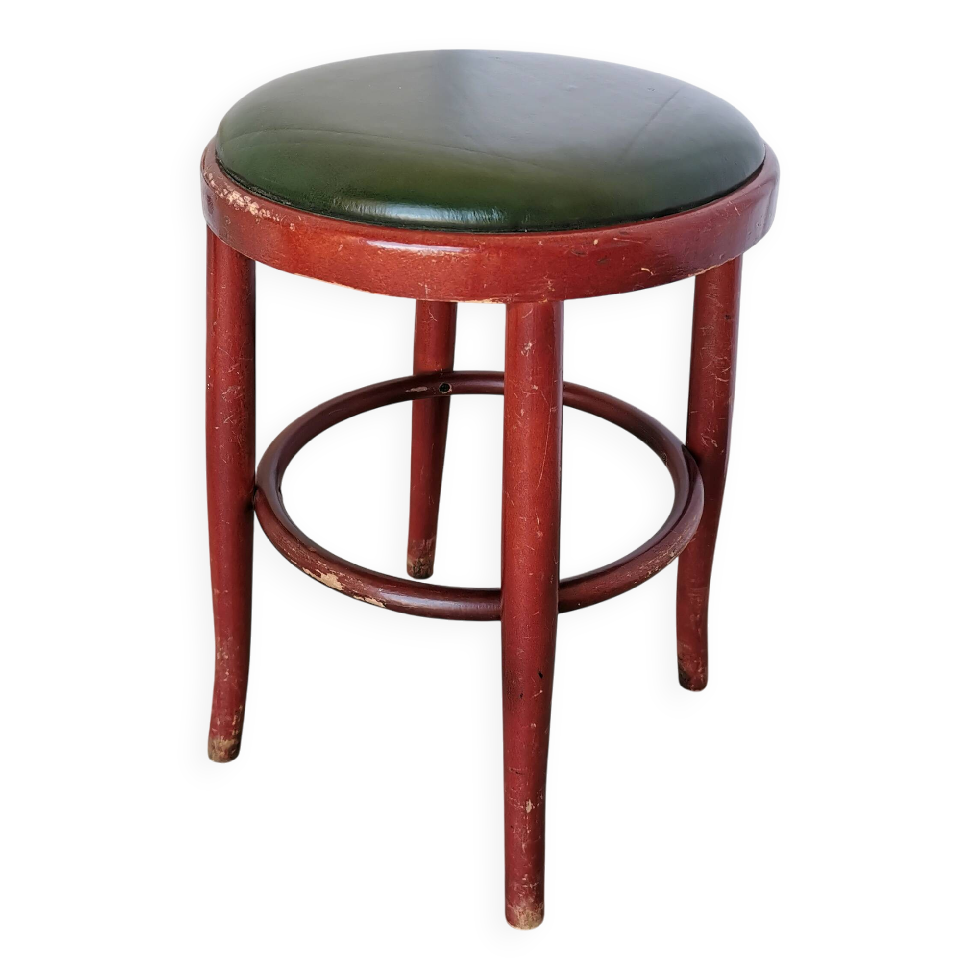 Vintage Irish Pub Stool: Green Leather Seat, Bentwood Thonet Style