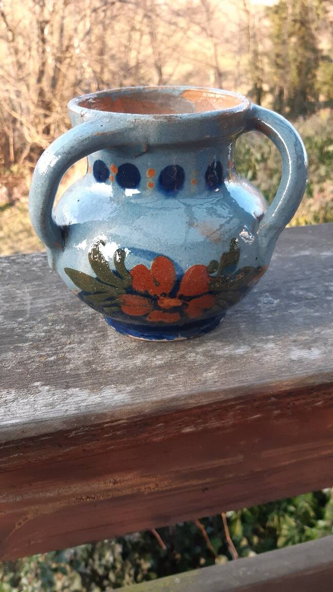 Vase with 3 handles in glazed terracotta Alsace early 20th century