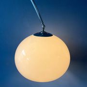 Vintage Guzzini Space Age arc floor lamp with white mushroom shade and marble base