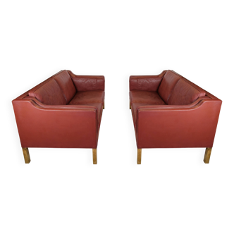 2 . Person Sofa Model 2212 Made In Red Leather & Oak Frame By Børge Mogensen From 1960s