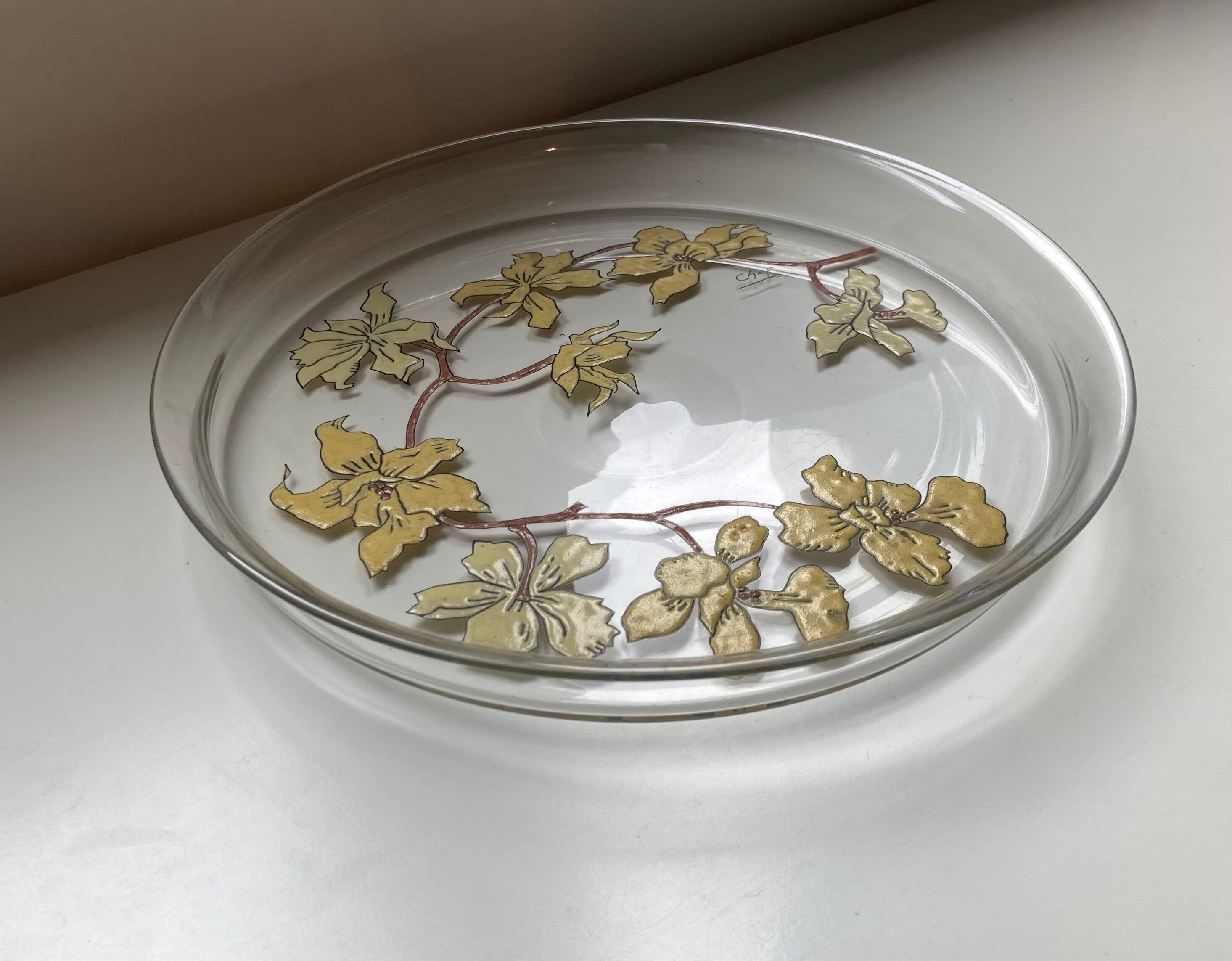 Former Art Nouveau Floral enamel glass flat tray signed Chaf Nancy School