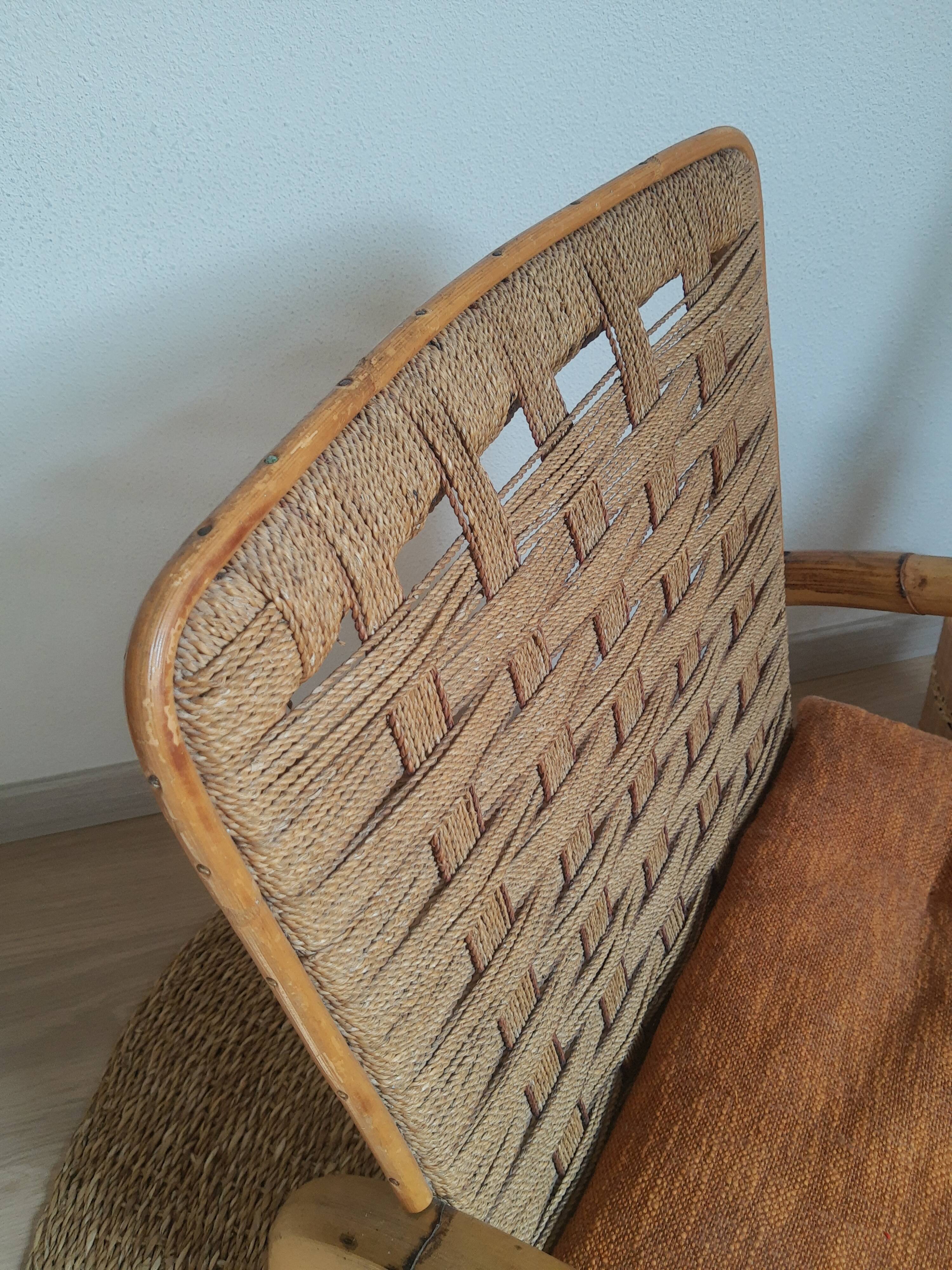 Vintage rattan and braided rope armchair