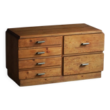 Mid-20th century Art Deco chest of drawers in pine with metal handles, 1940s.